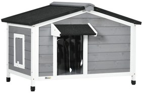 PawHut Casa para Cães de Madeira Casa para Animais de Estimação com Teto Asfáltico 2 Janelas Porta com Cortina 97x72x65 cm Cinza | Aosom Portugal