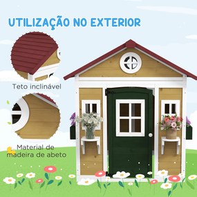 Casinha de Madeira Infantil com Porta Janelas Floreiros e Prateleiras com Detalhes Coloridos 114x126,4x135 cm Natural
