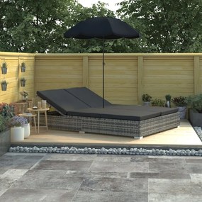 vidaXL Espreguiçadeira de exterior com guarda-sol vime PE cinzento