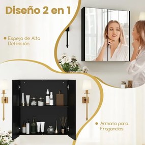 Armário de parede para casa de banho 62 x 65 cm com portas duplas espelhadas e prateleira ajustável preta