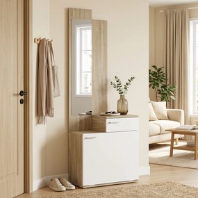 Móvel de Entrada com Espelho Sapateira Basculante Assento Gaveta e Compartimento Aberto 61x30x170 cm Branco