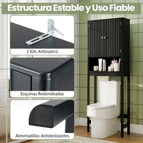 Armário casa banho sobre sanita 60 x 23 x 168 cm com portas caneladas, prateleira ajustável e economizador de espaço Preto