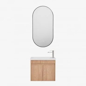 Conjunto De Móvel De Casa De Banho Suspenso Em Madeira Com Lavatório Integrado Narek Castanho Fresno & Ovale Led E Antifog Preto 50x100 Cm - Sklum