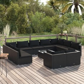 vidaXL 12 pcs conjunto lounge de jardim c/ almofadões vime PE preto