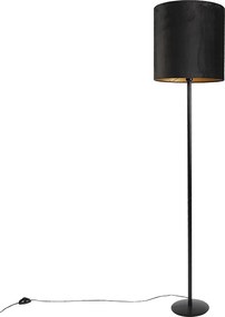 Candeeiro de pé preto com abajur de veludo preto com dourado 40 cm - Simplo
