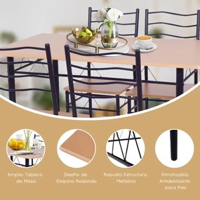 Conjunto de móveis de cozinha de 5 peças, mesa retangular, estrutura de aço, 4 cadeiras, almofadas com encosto alto para sala de jantar, cor de faia