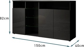 Aparador "Melinda" com Luzes LED - 150x82x40 cm - Preto Brilhante - De