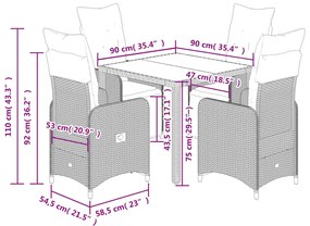 5 pcs conjunto bistrô de jardim c/ almofadões vime PE cinza