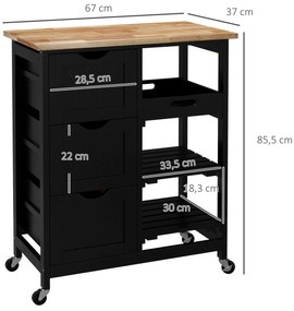 Carrinho de Cozinha com Rodas com 3 Gavetas 2 Prateleiras Abertas e Bandeja 67x37x85,5 cm Preto