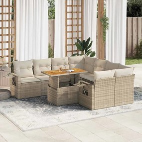 9 pcs conjunto de sofás p/ jardim com almofadões vime PE bege