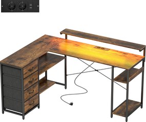 HOMCOM Mesa Gamer em L Escrivaninha com Tomada Integrada Iluminação LED 4 Gavetas Suporte para Monitor 155x110x91,4 cm Marrom | Aosom Portugal
