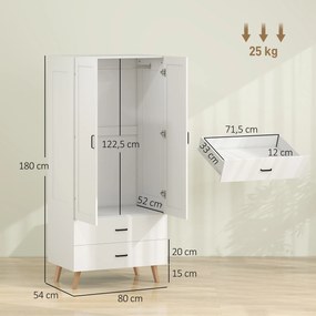 Guarda Roupa com 2 portas 80 x 54 x 180 cm com fecho suave, 2 gavetas e barra para pendurar roupa, branco
