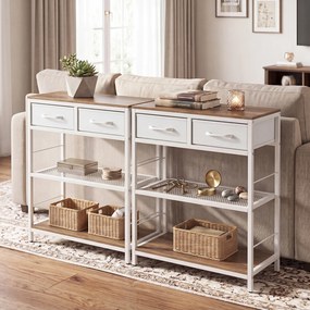 Mesa de Consola com Gavetas e Estantes, 60 x 30 x 81 cm, Estrutura Metálica, Natural e branco