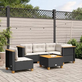 6 pcs conjunto sofás de jardim c/ almofadões vime PE preto