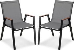 Conjunto de 2 cadeiras de jardim empilháveis, com encosto alto e braços, ergonómicas, em metal e tecido respirável, para terraço ou pátio, cinza