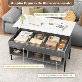 Mesa de centro 100 x 50 x 45 cm elevável com tampo ajustável, amplo compartimento oculto e 3 espaços abertos, com pés em metal cinzenta