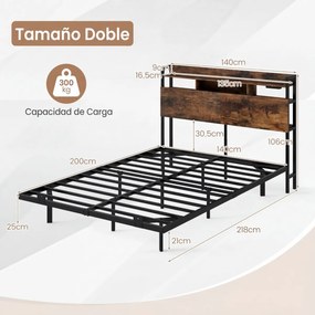 Estrutura de cama 200 x 140 cm (COLCHÃO NÃO INCLUIDO) com LED e plataforma de carga industrial em metal, com cabeceira com espaço de arrumação e ripas