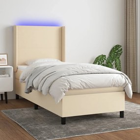 Cama box spring c/ colchão e LED 90x190 cm tecido cor creme