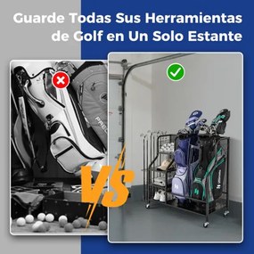 Organizador de armazenamento de tacos de golfe com 3 Estantes 1 Cesto 1 Rodas amovíveis 6 Ganchos para acessórios de equipamento de golfe