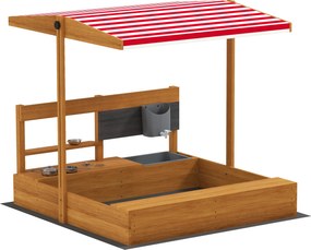 Outsunny Caixa de Areia de Madeira para Crianças com Toldo Regulável e Brinquedos de Cozinha para Crianças de 3-7 Anos 114x110x110 cm Vermelho | Aosom Portugal