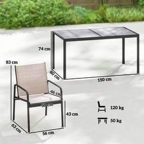 Conjunto de Mesa e Cadeiras de Jardim de 7 Peças com Mesa com Efeito Madeira e 6 Cadeiras com Assento Respirável Cáqui