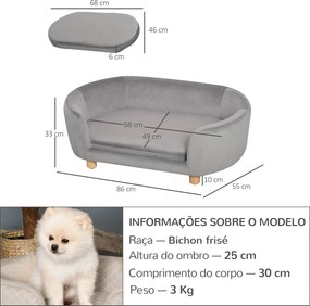 Sofá para Cães Pequenos com Pés de Madeira Almofada Removível e Capa Lavável  86x55x33 cm Cinzento Claro