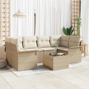 Conjunto de Sofá de Jardim de 7 Peças com Almofadas Bege de Polivime