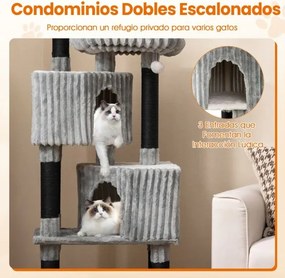 Arranhador para gatos com vários níveis 59 x 40 cm x 156 cm com com 2 camas, postes para arranhar Bolas suspensas Cinza