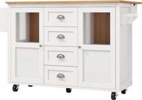 Ilha de cozinha com tampo ajustável, duas portas e quatro gavetas, 137,9x45/73x92,5 cm, Branco