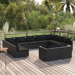 vidaXL 11 pcs conjunto lounge de jardim c/ almofadões vime PE preto