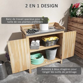 Mesa jardinagem com armário de arrumação com 2 prateleiras 83 x 40 x 92 cm, tabuleiro galvanizado e patins antiderrapantes em madeira de abeto natural
