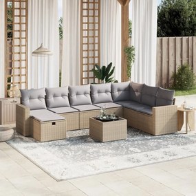 9 pcs conj. sofás jardim c/ almofadões vime PE bege misturado