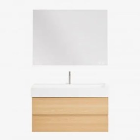 Conjunto De Móvel De Casa De Banho Suspenso Em Madeira E Folha De Freixo Com Lavatório Integrado Ona Madeira Natural & Retangular - Sklum