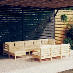 vidaXL 11 pcs conjunto lounge de jardim c/ almofadões cor creme pinho