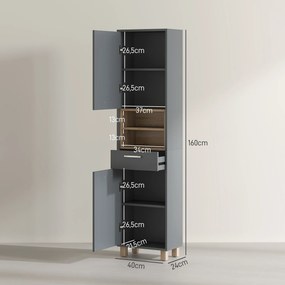 Coluna de casa de banho, móvel de arrumação para casa de banho com 2 armários, uma gaveta e 2 compartimentos abertos, cinzento