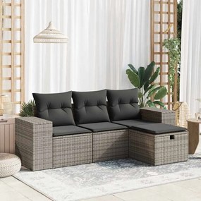 4 pcs conjunto sofás de jardim c/ almofadões vime PE cinzento