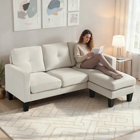 Sofá Chaise Longue Sofá em Forma de L Estofado em Poliéster Sofá de Canto Reversível 186x130x84 cm Creme