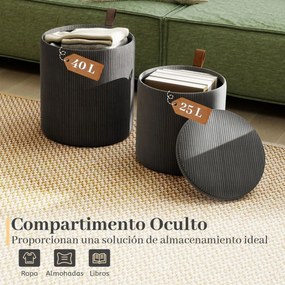 Conjunto de 2 pufes redondos com arrumação, bancos toucador estofados com tampos removíveis e assentos acolchoados, apoio para os pés multiusos Cinzen