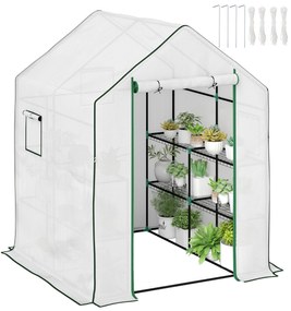 Outsunny Estufa de Jardim Pequena de 3 Níveis com 6 Prateleiras Porta Enrolável Capa de PE e Estrutura de Aço para Cultivo de Plantas e Flores 140x143x190 cm Branco