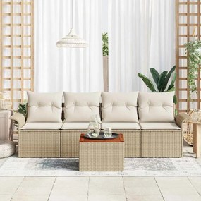 Conjunto de Sofá de Jardim de 5 Peças com Almofadas Bege Rattan Poliés