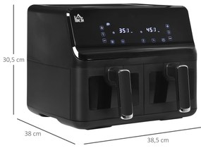 Fritadeira sem Óleo Dupla 8L 2500W com 8 Programas Ecrã LED Tátil Temperatura Ajustável 80-200°C Temporizador e Cesta Antiaderente 38,5x38x30,5 cm Pre