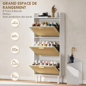 Sapateira com 3 portas basculantes e prateleira com efeito de resina trançada, estilo boémio, 65 x 24,5 x 153 cm, branco