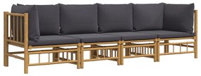 4pcs conj. lounge de jardim bambu c/ almofadões cinzento-escuro