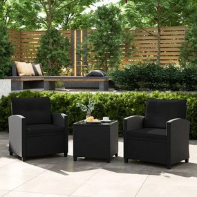 Conjunto de móveis de jardim de 3 peças de rattan com almofadas de assento e encosto e Mesa de centro de vidro temperado preto / preto