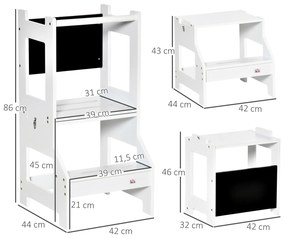 HOMCOM Torre de Aprendizagem para Crianças 3-6 Anos de Madeira Torre de Aprendizagem Infantil Convertível em Secretária com Ardósia e Barra de Segurança para Casa de Banho Cozinha 42x44x86cm Branco