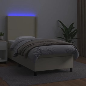 Cama box spring c/ colchão/LED 90x200 cm couro artificial creme