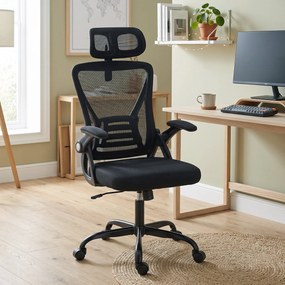 Cadeira de escritório ergonómica, braços rebatíveis, apoio para a cabeça, função de inclinação, altura ajustável, 59 x 62 x 125 cm, preta