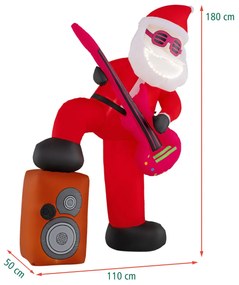 Pai natal insuflável animado pré-iluminado 110 x 50 x 180 cm a tocar guitarra com música e efeito de canto com som sincronizado para interior e exteri