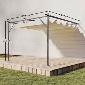 Pérgola de Jardim Adossada 3x3 m com Telhado Retrátil Proteção UPF30+ e Drenagem Pérgola de Exterior em Creme