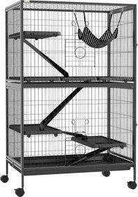 PawHut Gaiola para Roedores 80x52x128 cm Casa de 4 Alturas com Rampas Suspensa Rede Bandeja Removível Rodas Cinza Escuro | Aosom Portugal